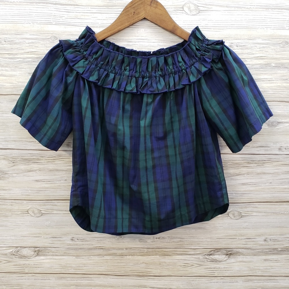 Vineyard Vines Green Navy Plaid Off Shoulder Top